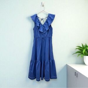 Summersalt Women’s Ruffle Neck Blue Cotton Midi    V-Neck Dress Size S